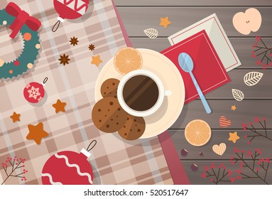 Decorated Workspace Desk Cup With Cookies Top Angle View Flat Vector Illustration