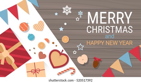 Decorated Workspace Desk With Presents Top Angle View Flat Vector Illustration