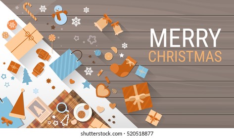 Decorated Workspace Desk With Presents Top Angle View Flat Vector Illustration
