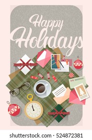 Decorated Workspace Desk With Presents Top Angle View Vector Illustration