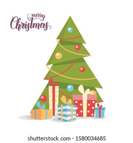 Decorated X mas tree with gift boxes isolated on white. Flat style illustration. Happy New Year 2020 and merry  Christmas. Hand made Lettering