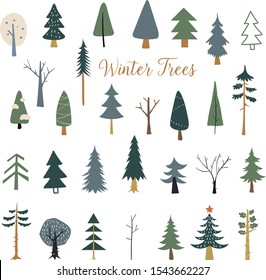 Decorated xmas trees. New Years tree, striped christmas pine. 2020 winter holidays party green fir with garland decoration. Isolated vector illustration icons set