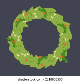 Decorated xmas wreath with a Christmas light ans berries. Happy new year flat design