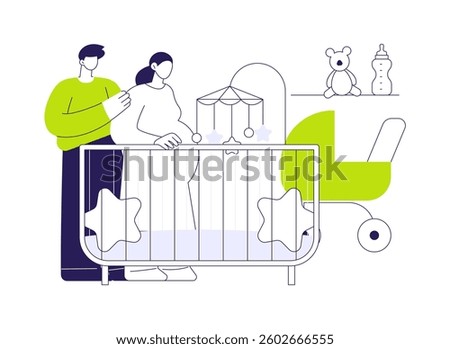 Decorating baby room abstract concept vector illustration. Smiling pregnant woman and interior designer decorate a nursery room together, newborn appearance preparation abstract metaphor.