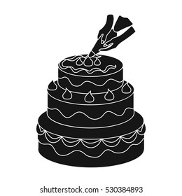 Decorating of birthday cake icon in black style isolated on white background. Event service symbol stock vector illustration.