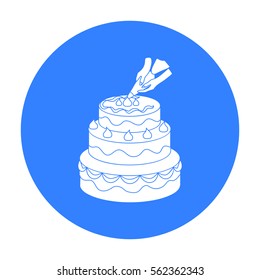 Decorating of birthday cake icon in black style isolated on white background. Event service symbol stock vector illustration.