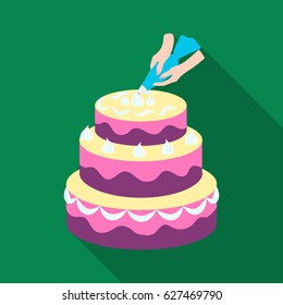 Decorating Of Birthday Cake Icon In Flat Style Isolated On White Background. Event Service Symbol Stock Vector Illustration.