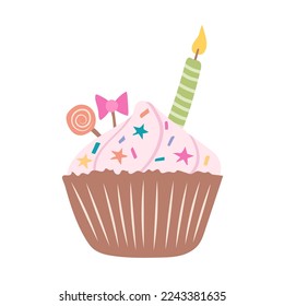 decorating birthday cake with lighting candle. happy birthday Card. Vector illustration