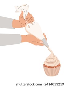 Decorating cake with cream. Pastry Bag icing. Recipe for handmade cupcake. Hand decoration cake, cream preparation. Kitchen equipment, utensil. Vector flat illustration. For menu, recipe, baking shop.