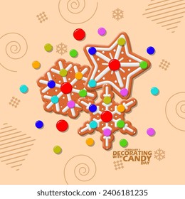 Decorating With Candy Day event banner. Several ginger cookies decorated using colorful round candies, with bold text on light brown background to celebrate on February 1