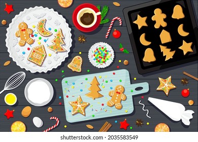 Decorating Christmas gingerbread cookies with glaze, candies and sprinkles. Vector illustration background.