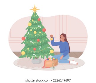 Decorating Christmas tree 2D vector isolated illustration. Happy flat character on cartoon background. Holiday preparation colourful editable scene for mobile, website, presentation