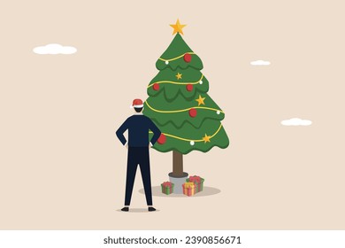 Decorating christmas tree, businessman decorating christmas tree in workplace office. Businessman illustration.