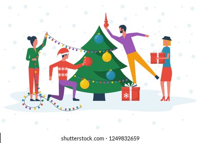 Decorating christmas tree cartoon style. Christmas gifts decorations and garlands. Vector illustration flat design. Isolated on white background.