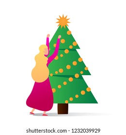 decorating Christmas tree. Flat vector. 