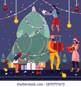 Gemeinsam einen Weihnachtsbaum dekorieren. Feiertagsgeschenk-Austausch mit Familie und Freunden.