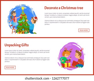 Decorating Christmas tree and unpacking gifts web posters. Christmas holidays, children opening presents vector. Girl and boy unpacking boxes with surprises