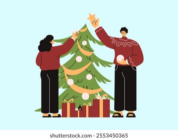 Decorating a Christmass Tree Illustration