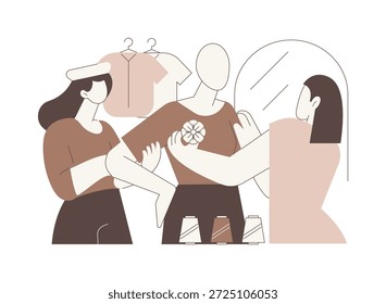 Decoração de roupas ilustrações isoladas do vetor de desenhos animados. Estilistas de moda profissionais adicionando detalhes a um vestido, roupas em manequim, começando sua própria marca, desenho animado vetor da indústria da beleza.