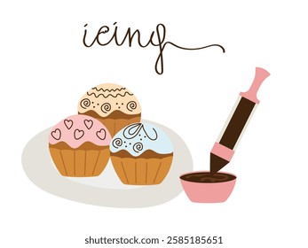 Decorating cupcakes with chocolate icing from a pastry syringe. Cupcakes. Vector illustration of the concept of home baking, preparing for a party, birthday, etc.