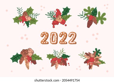 Decorating elements for new year and christmas. Cones, leaves and berries. Hand drawn illustration