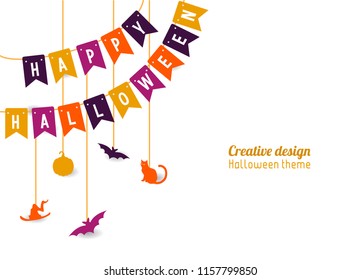 decorating the flag that reads happy halloween with accessories hanging on a white background