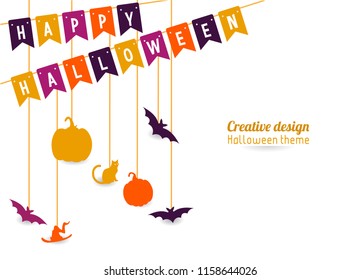 decorating the flag that reads happy halloween with accessories hanging on a white background
