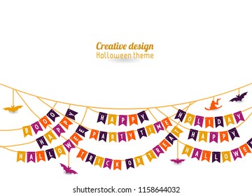 decorating the flag that reads happy halloween with accessories hanging on a white background