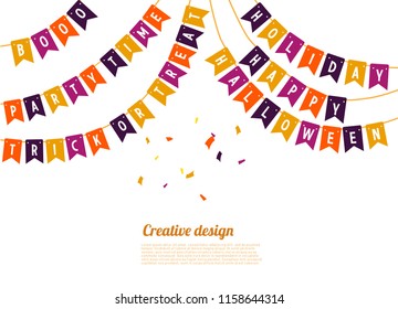 decorating the flag that reads happy halloween. Halloween template celebration. on a white background