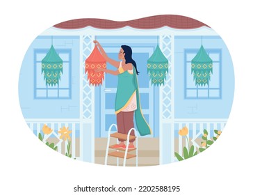 Decorating front porch for Diwali festival 2D vector isolated illustration. Woman hanging paper lantern flat character on cartoon background. Colourful editable scene for mobile, website, presentation