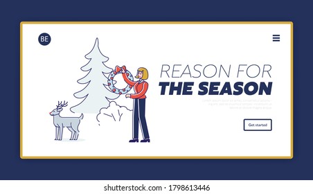 Decorating garden and house for Christmas concept for template landing page with cartoon woman holding traditional Christmas wreath. X-mas and new year decor. Linear vector illustration