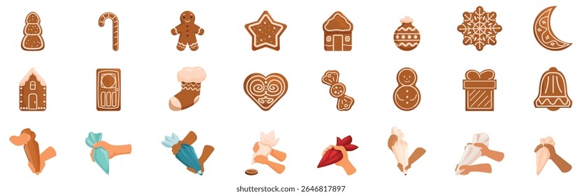 Decorating gingerbread house icons set. Hands decorating and preparing christmas gingerbread cookies with various icing bags