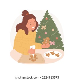 El hombre de Gingerbread decorador aisló la ilustración vectorial de dibujos animados. Mujer joven haciendo decoración para el hombre de pan de jengibre, preparación de Navidad en casa, tradicional caricatura vectorial de comida navideña.