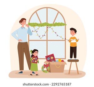 Decorating home for christmas. Happy family with garlands and wreaths with toy balloons. Dad and kids create New Years atmosphere. Design element for greeting card. Cartoon flat vector illustration