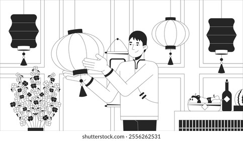 Decorating house for Chinese New Year black and white line illustration. Asian man hanging paper lanterns 2D character monochrome background. Preparing home for spring festival outline vector image