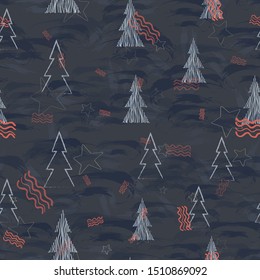 Decorating House Christmas. Vintage Holiday Drawing. Shining Star Christmas. Snow Trees Illustration. Abstract Elements On Gray Dynamic Fond.