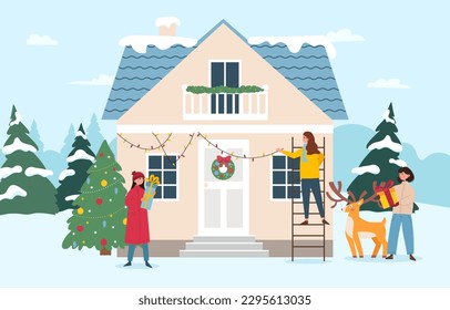 Decorating house for xmas. Women with gifts decorate property with garlands. Symbol of winter holidays and festivals. Christmas and New Year.