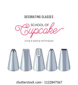 Decorating icing tips. Design template for cake decorating courses or commercial decorators. Vector.