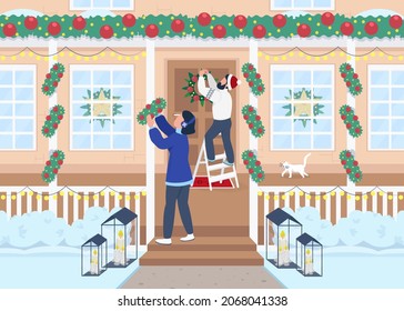 Decorating outdoor for Christmas flat color vector illustration. Putting on festive wreaths outside home. Happy family working together 2D cartoon characters with landscape on background