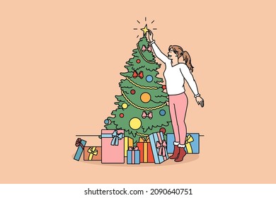 Decorating and preparing for winter holidays concept. Smiling girl standing decorating Christmas tree and collecting New year presents in colorful boxes vector illustration 