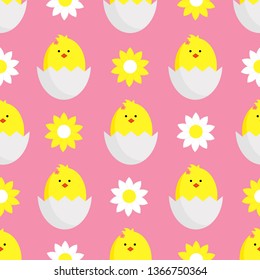 decorating textiles, packaging and wallpapers for children. Seamless vector illustration with daisies,chamomile and chickens on pink background.