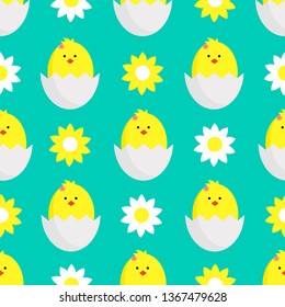 decorating textiles, packaging and wallpapers for children. Seamless vector illustration with daisies,chamomile and chickens on turquoise background.
