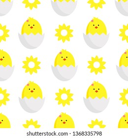 decorating textiles, packaging and wallpapers for children. Seamless vector illustration with daisies,chamomile and chickens on white background.