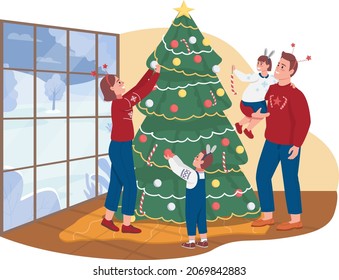 Decorating xmas tree together 2D vector isolated illustration. Wintertime holidays. Celebrating traditions with parents and kids. Family flat characters on cartoon background. New Year colourful scene