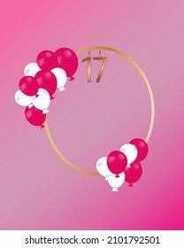 decoration for 17th birthday, white, pink balloons, pink 3d background