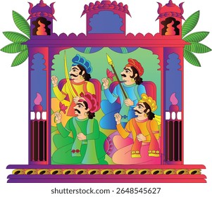 	
decoração que adorna um portão da casa. Pintura de parede tradicional de Rajasthani. Para a cerimônia de casamento. Índia.	
