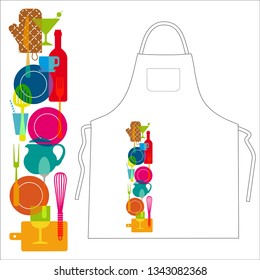 Decoration for an apron with a tall banner pattern, colorful kitchen objects.
