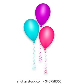 Decoration balloon set blue pink purple, ribbon blue pink purple. Happy birthday party background design element. Vector illustration