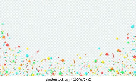 Decoration banner with colorful sprinkled sweets. Vector illustration with realistic colorful tiny candies isolated on transparent background. Decorative elements.