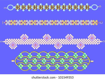 Decoration of beads of different sizes and different colors on a blue background.